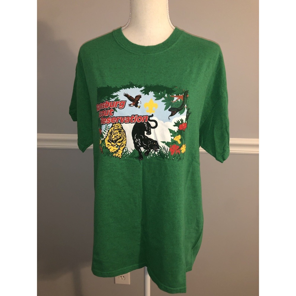 Gildan T-Shirt Size L Ransburg Scout Reservation‎ Graphic Print Green Preshrunk